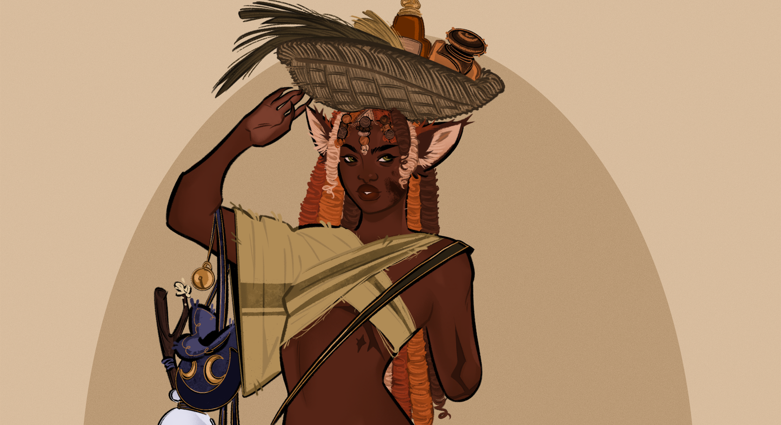 a digital drawing depicting a Black person holding a woven basket with jarred supplies on their head. they have waist-length locs that are brown, red, orange, and blond, with multicolor chunky beads in their bangs, and large ears like a red fox. they're wearing a light green wrap that crosses over their chest and has one sleeve. with one arm, they're keeping the basket balanced, and have several items hanging from their bicep, including a small bag, a forked stick, and a bell. the other arm, which is amputated above the elbow, is at their side. their amputated arm and their chest on that side have large scars

