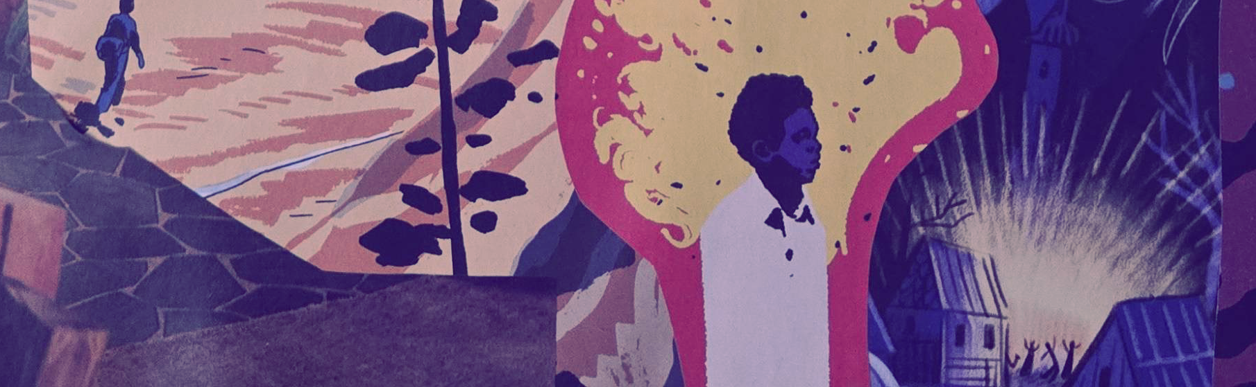 part of a collage showing a small figure wandering through the desert, a black man in a white shirt with fire erupting behind his head, and figures dancing around a light in a nighttime village 