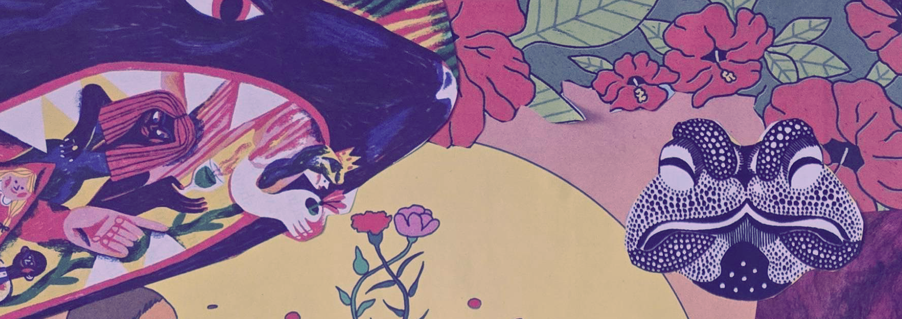 part of a collage showing a black creature with red eyes and a gaping mouth with sharp teeth. inside its mouth there are several people holding flowers. on the other side, there is the face of a black and white highly decorated frog like creature. in the background there is a pink sky with a large setting sun and a bush of red flowers over the top. two roses curl together in front of the sun