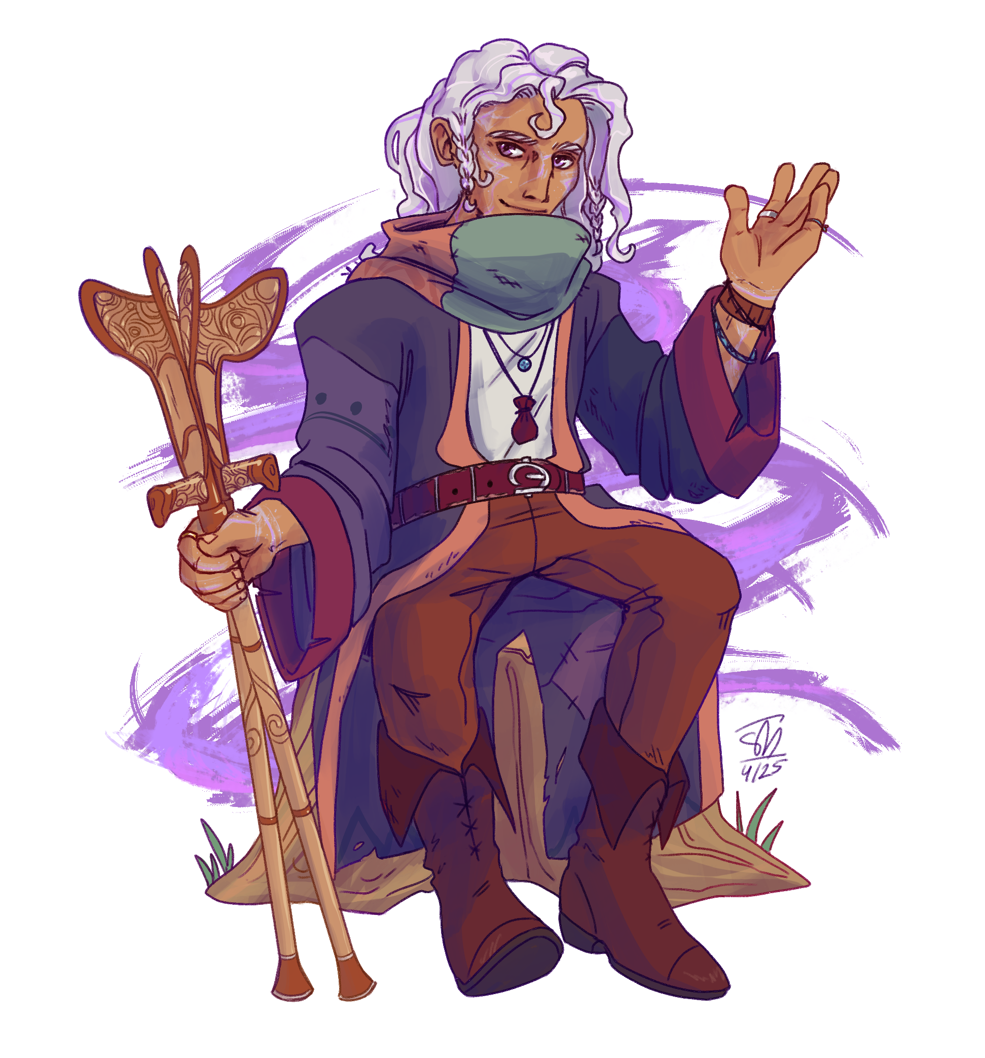 a colored digital drawing of a man sitting on a tree stump. he is thin, has tan skin, and has long, shiny white hair that is pulled back in a messy ponytail with several small braids. there are light purple patterns on his face and wrists. he is wearing traveler's clothes, including a large scarf and an oversized coat with several patches. he is waving to someone off screen with one hand, and holding two forearm crutches with his other. the crutches are made of wood and have intricate designs carved into them. the background is a light purple swirl
