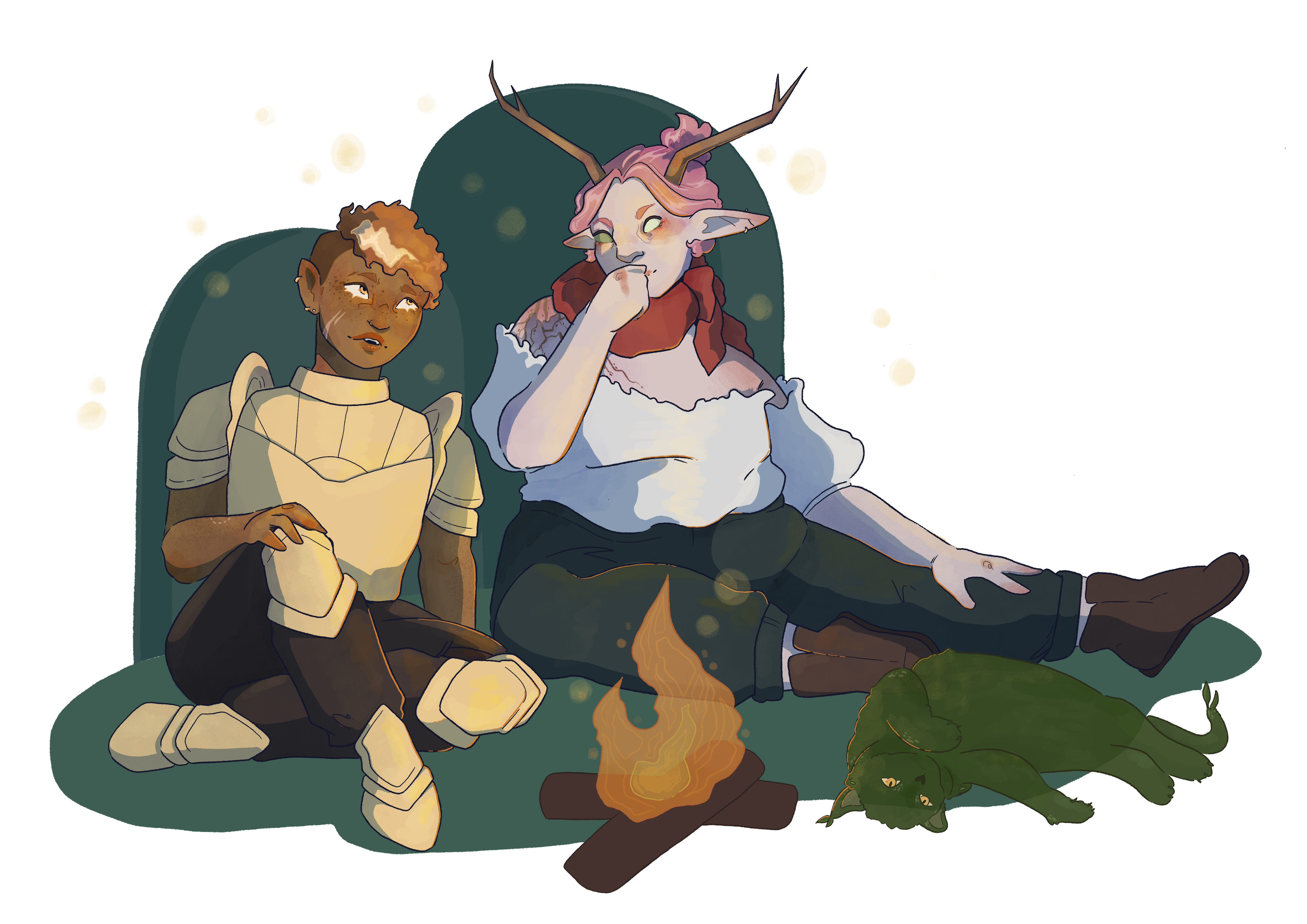 digital art depicting two characters in the world of spiritkeep. one character is a thinner woman with medium brown skin, short, tightly curly orange hair with a light streak in it, and yellow eyes. she has a scar on her cheek and is wearing golden armor. the other character is fat and has pale, greyish skin, pink hair pulled up into a short ponytail, and antlers. they have a large, wooden-looking scar on one shoulder and are wearing dark pants, brown boots, a red bandana, and a white, off the shoulder blouse. the two characters are sitting close together by a small fire and are looking at each other fondly. by their feet is a green, translucent plant-like cat spirit, who is rolling over a little to show its belly. the background is made of simple green shapes
